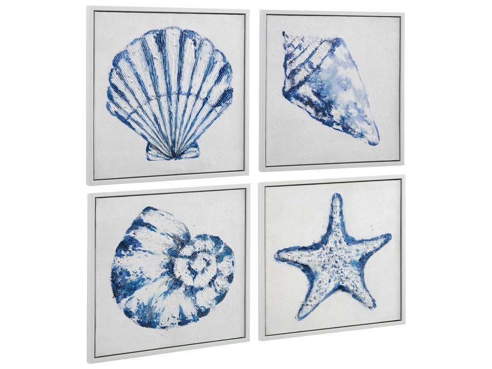 4-Piece Shells Framed Canvas Set Coastal Wall Art White Blue