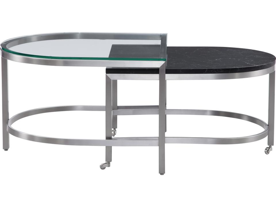 Hensley Oval Glass Marble Nesting Coffee Table Set in Satin Nickel