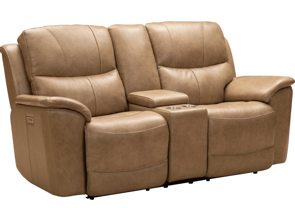 Kaden Power Reclining Console Loveseat in Elliott Taupe Leather with Power Headrest and Lumbar