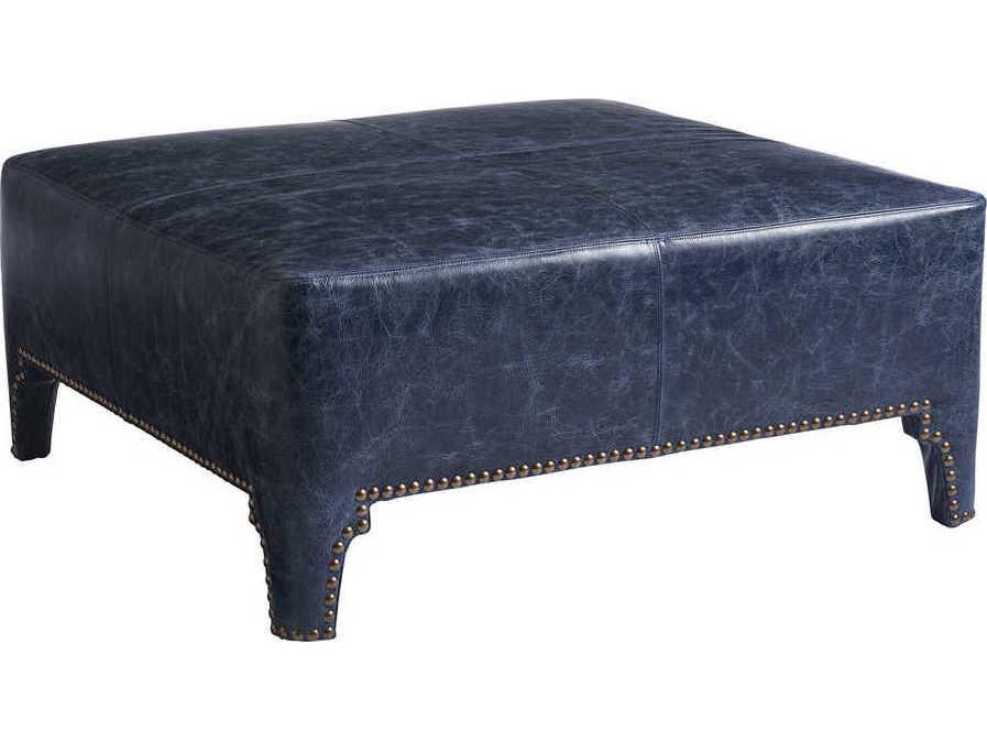 Sheffield Square Leather Cocktail Ottoman in Navy with Brass Nailhead Trim