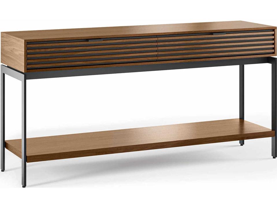 Cora Natural Walnut Louvered Console Table with Soft-Close Storage Drawers