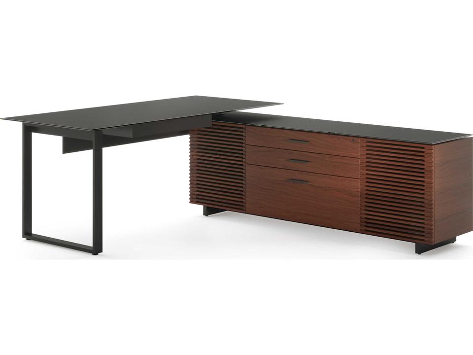 Corridor L-Shaped Executive Desk in Chocolate Stained Walnut with Satin-Etched Glass Top