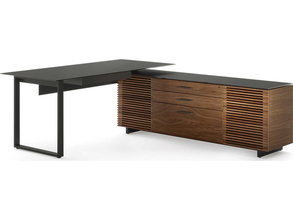 Corridor L Shaped Executive Desk Natural Walnut Satin Etched Glass