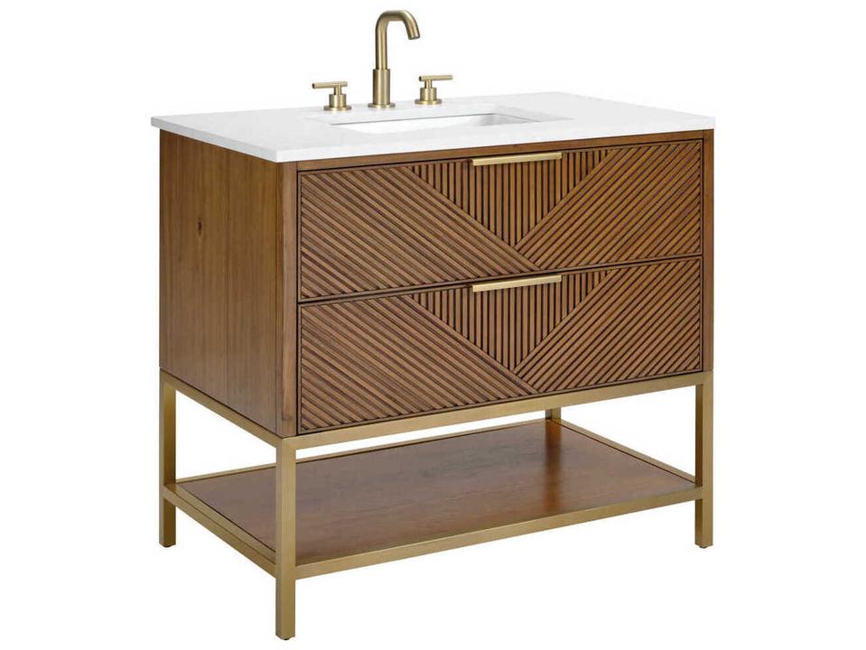 Diamond 36-Inch Bathroom Vanity in Walnut Top and Satin Brass Hardware