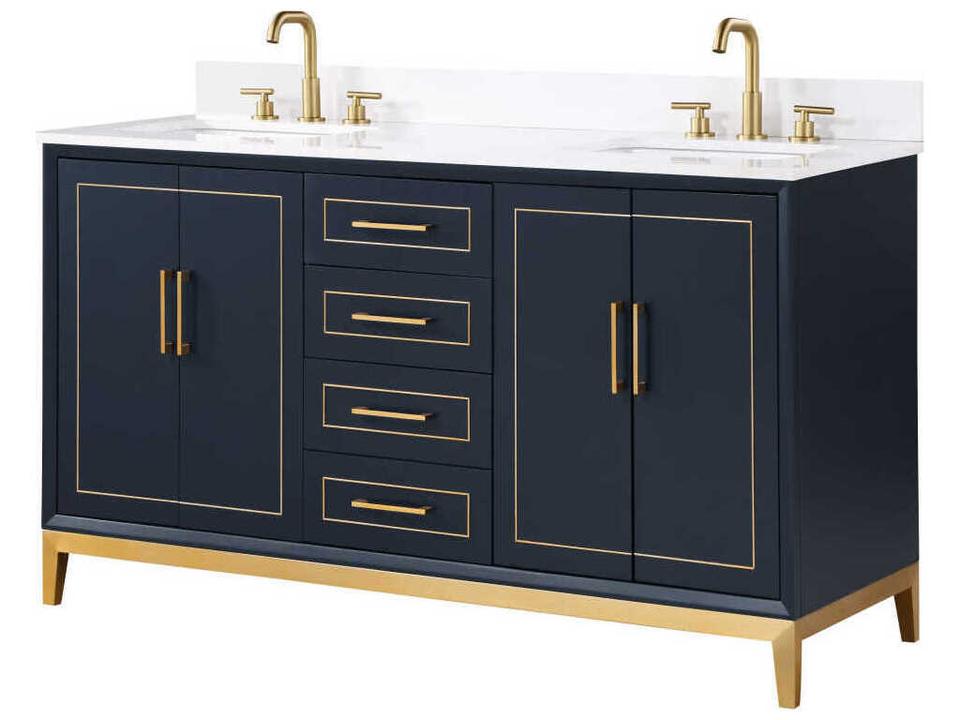 Gracie 60-Inch Double Bathroom Vanity in Pacific Blue Top and Satin Brass Hardware