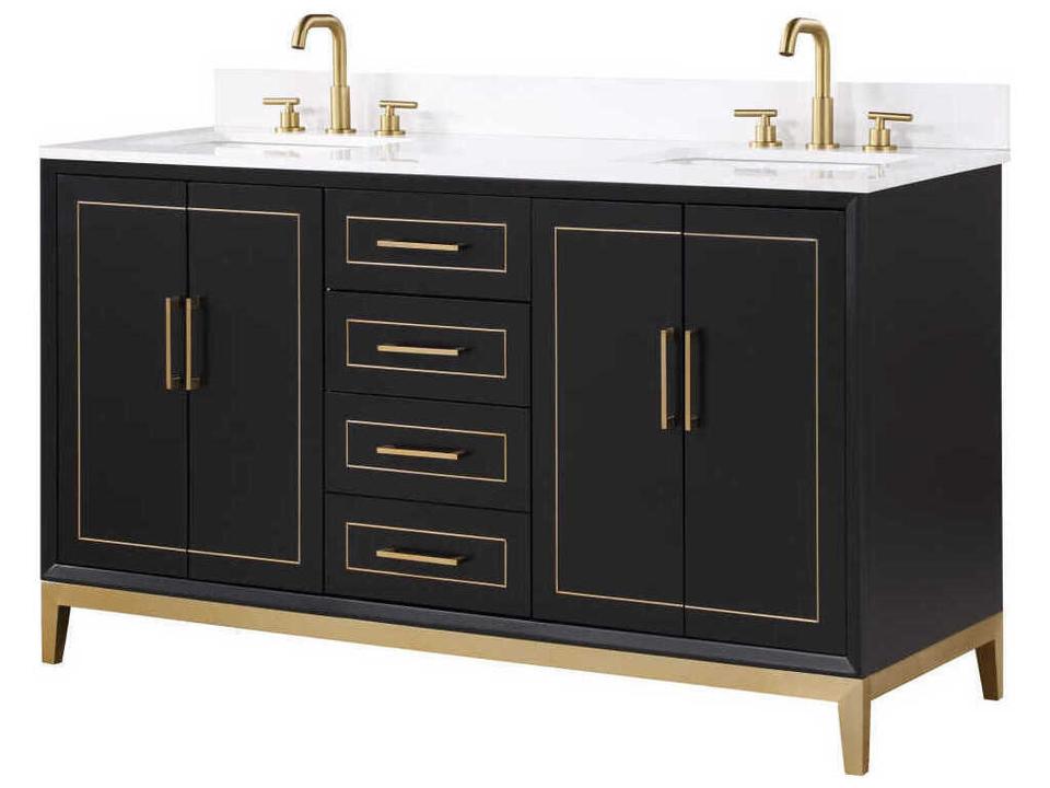 Gracie 60 Inch Double Basin Freestanding Bathroom Vanity in Midnight Black with Satin Brass Hardware