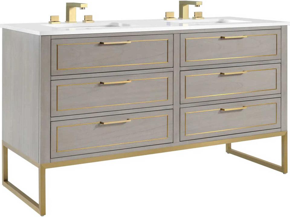 Markham 60-Inch Double Bathroom Vanity Cabinet Cashmere Grey Satin Brass