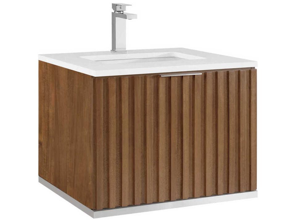 Terra 24-Inch Wall Mounted Bathroom Vanity in Walnut with Integrated Sink Top and Brushed Nickel Hardware