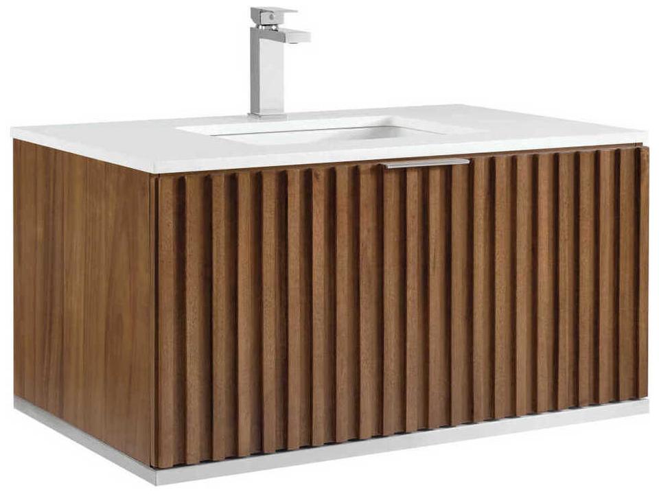 Terra 36-Inch Walnut Floating Bathroom Vanity with Brushed Nickel Hardware
