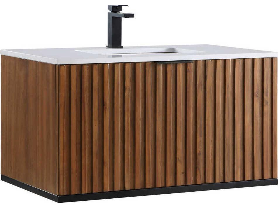 Terra 36-Inch Wall Mounted Vanity Set with Walnut Finish and Matte Black Trim