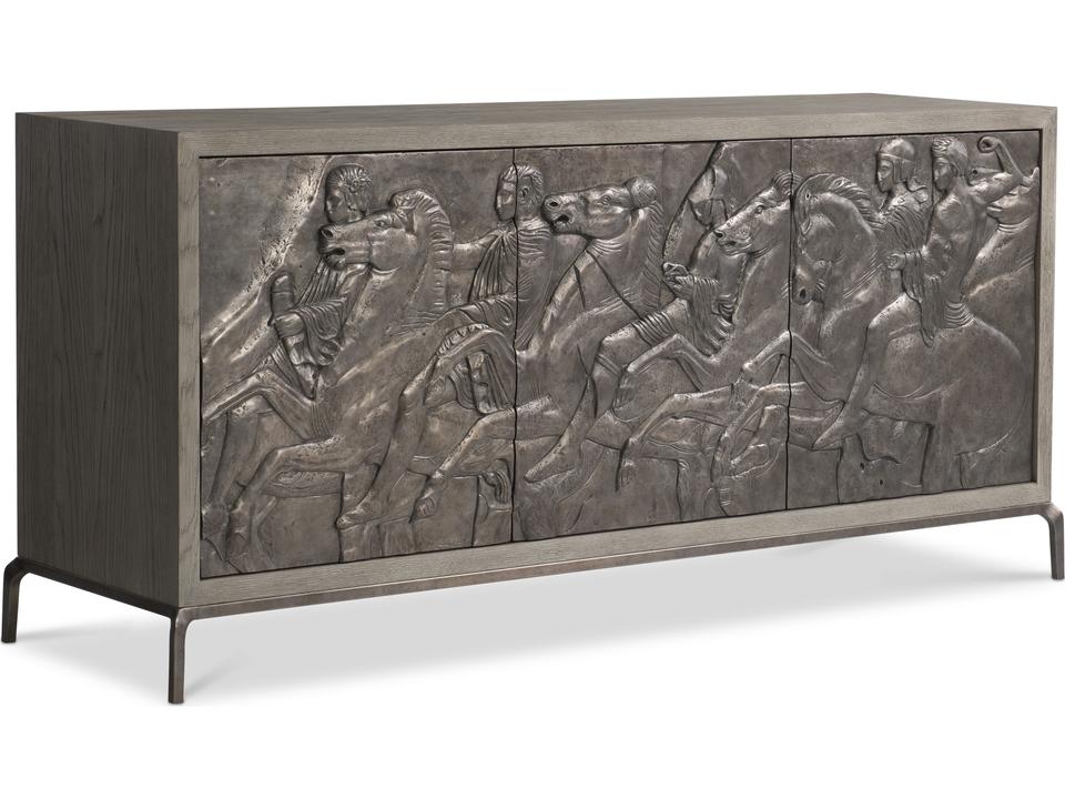 Elysia 74-Inch Three-Door Buffet with Roman Frieze Design in Weathered Greige and Dark Bronze
