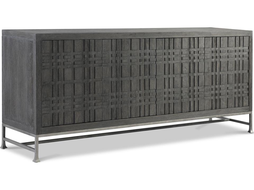 Tribeca Oak Entertainment Credenza with Geometric Pattern Doors in Tadon Finish