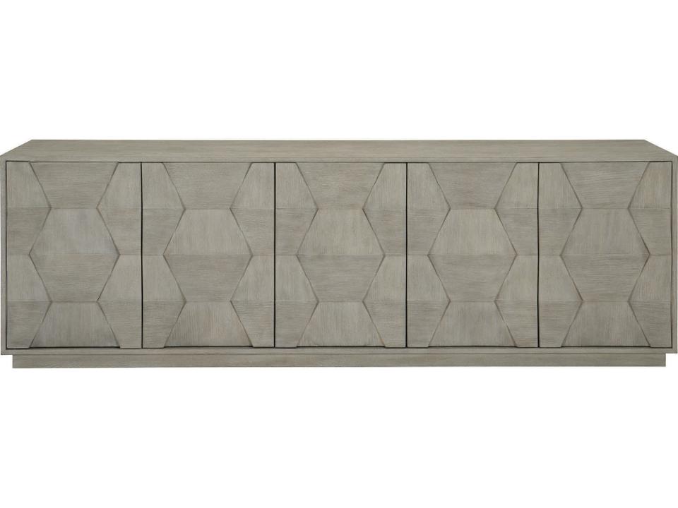 Linea Entertainment Credenza with 5 Push-to-Open Doors in Cerused Greige