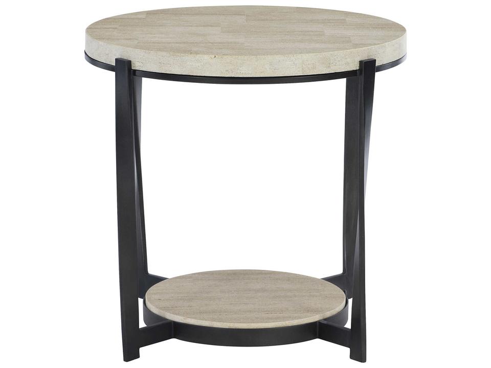 Berkshire Round End Table with White Travertine and Aged Pewter