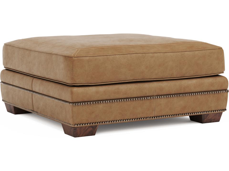 Grandview Leather Ottoman in Beige Tan with Nailhead Trim