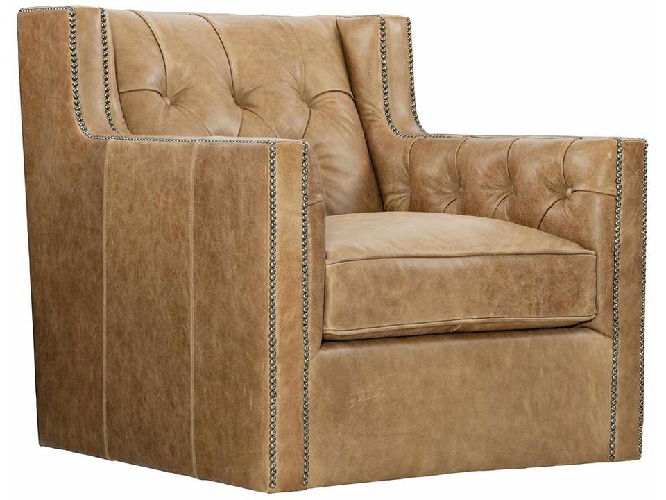 Candace Leather Swivel Accent Chair in Brown with Nailhead Trim