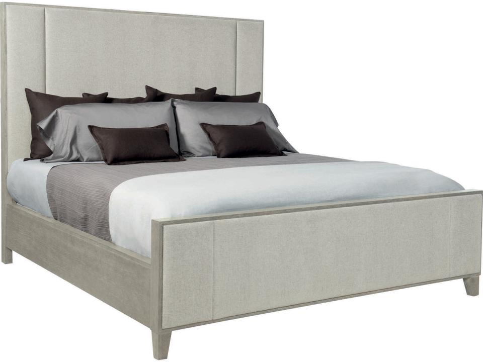 Linea King Panel Bed Upholstered in Beige Fabric with Cerused Greige Finish
