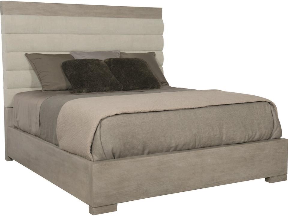 Linea Panel Bed with Upholstered Headboard and Cerused Greige Finish