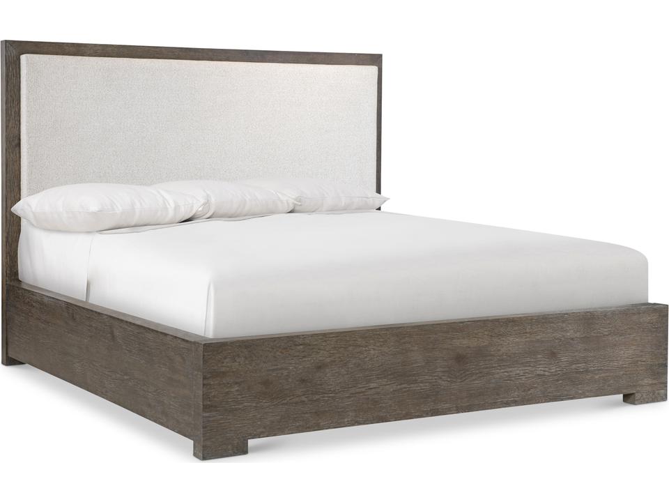 Outline Queen Panel Bed in Wirebrushed Oak with Upholstered Headboard