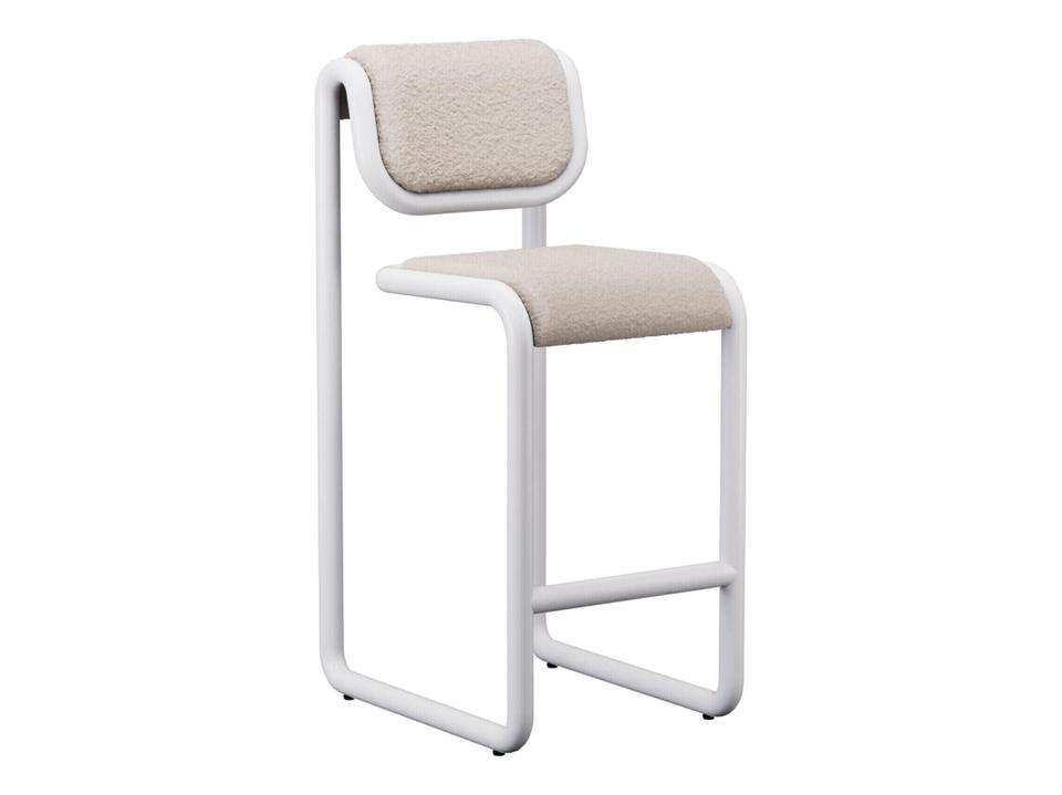 Tube Bar Stool with White Aluminum Frame and White Boucle Fabric