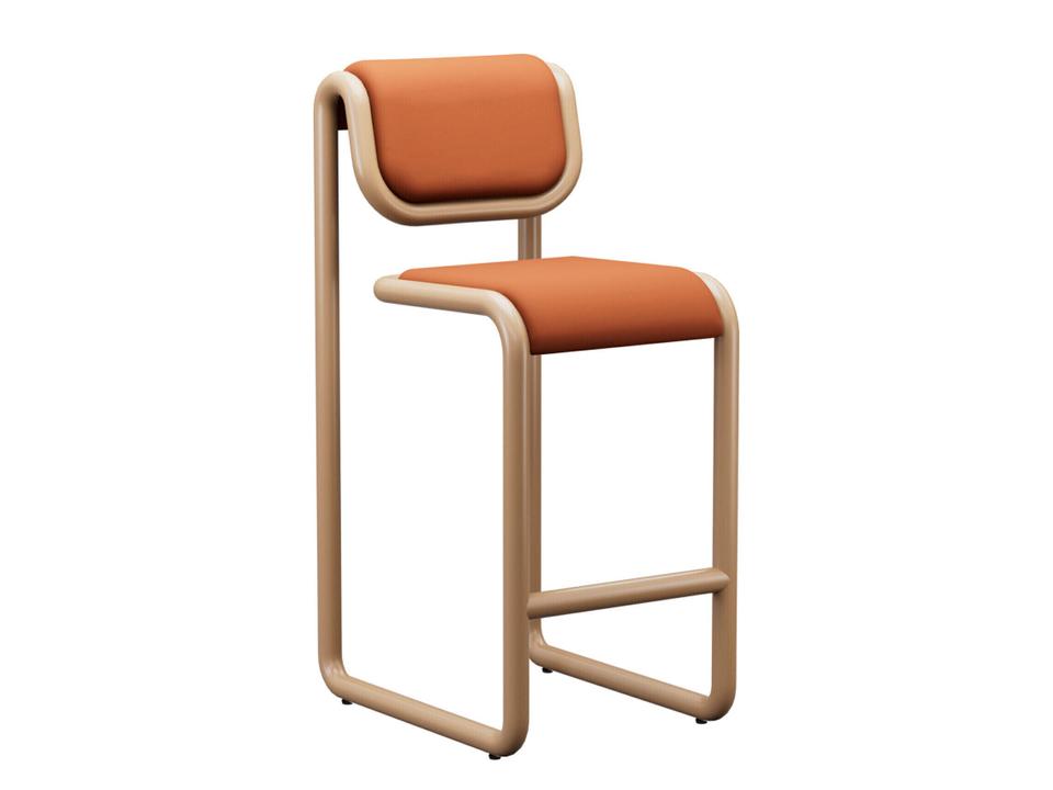 Tube Upholstered Bar Stool with Tan Vegan Leather and Aluminum Frame