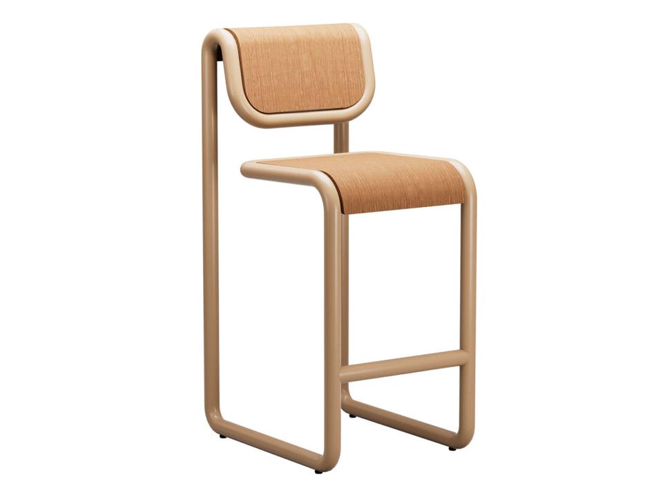 Tube Bar Stool with Oak Wood Seat and Back in Tan