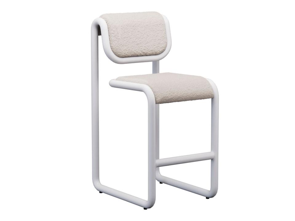 Tube Counter Stool with Cream Boucle Upholstery and White Frame