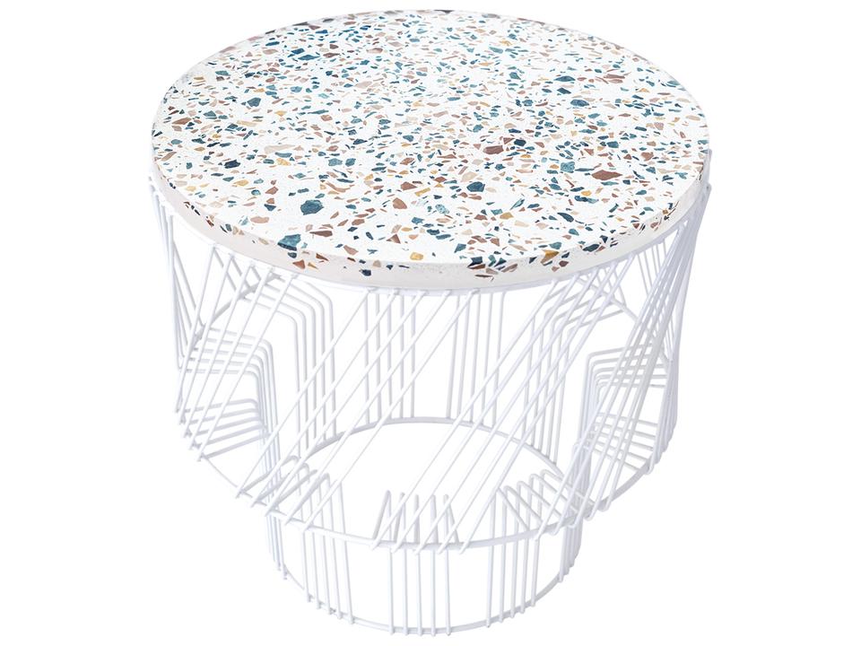 Terrazzo Round End Side Table in White Galvanized Iron and Terrazzo