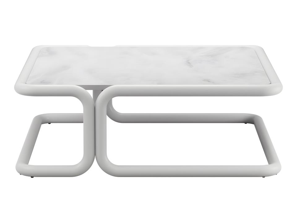Tube 40-Inch Square Aluminum Coffee Table White Ceramic Stone