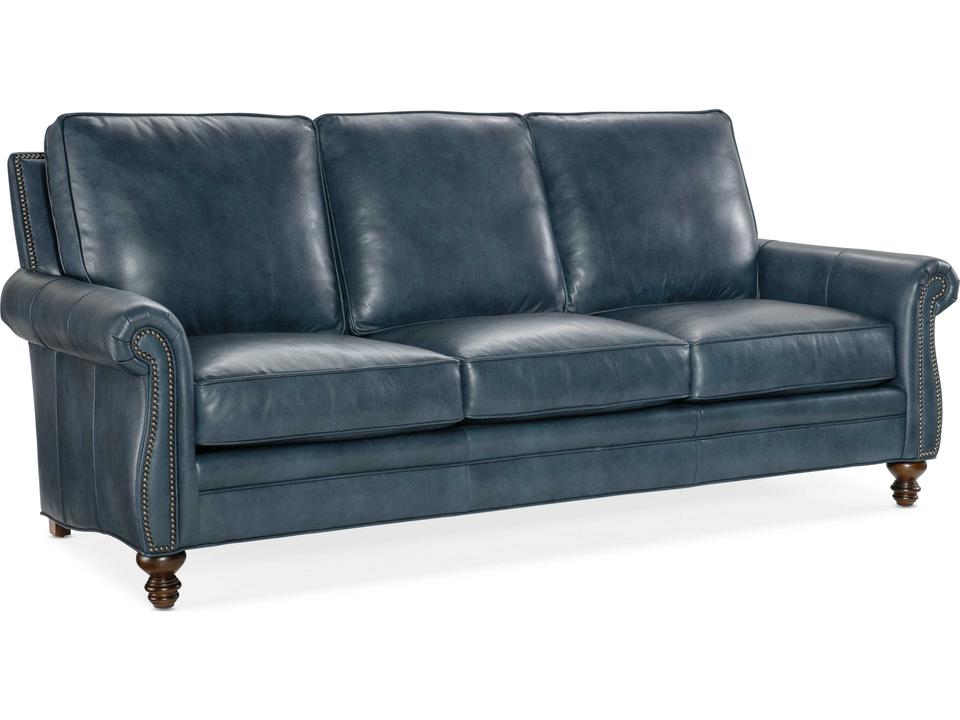 Reddish 3-Seat Leather Sofa with Nailhead Trim and Rolled Arms