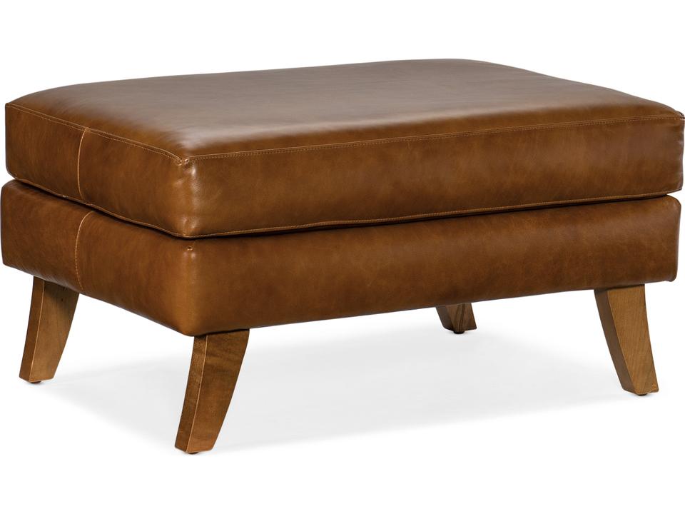 Alora Leather Upholstered Ottoman with Mahogany Legs