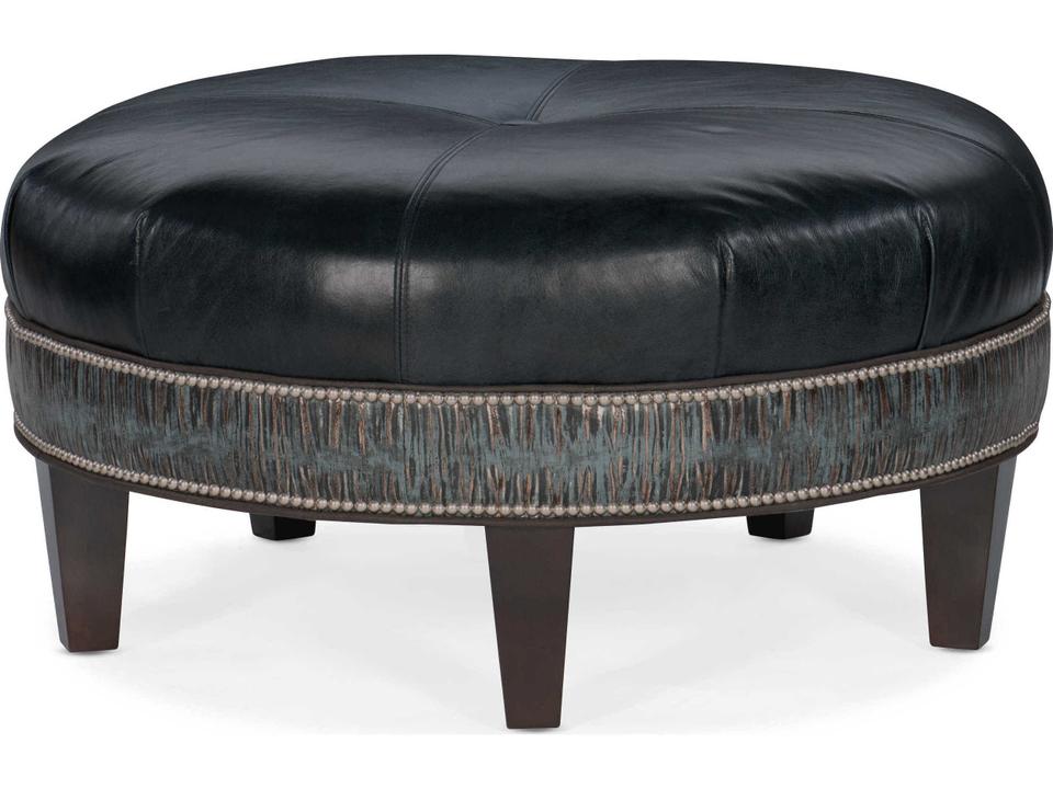 Well-Rounded Round Leather Ottoman with Customizable Nailhead Trim