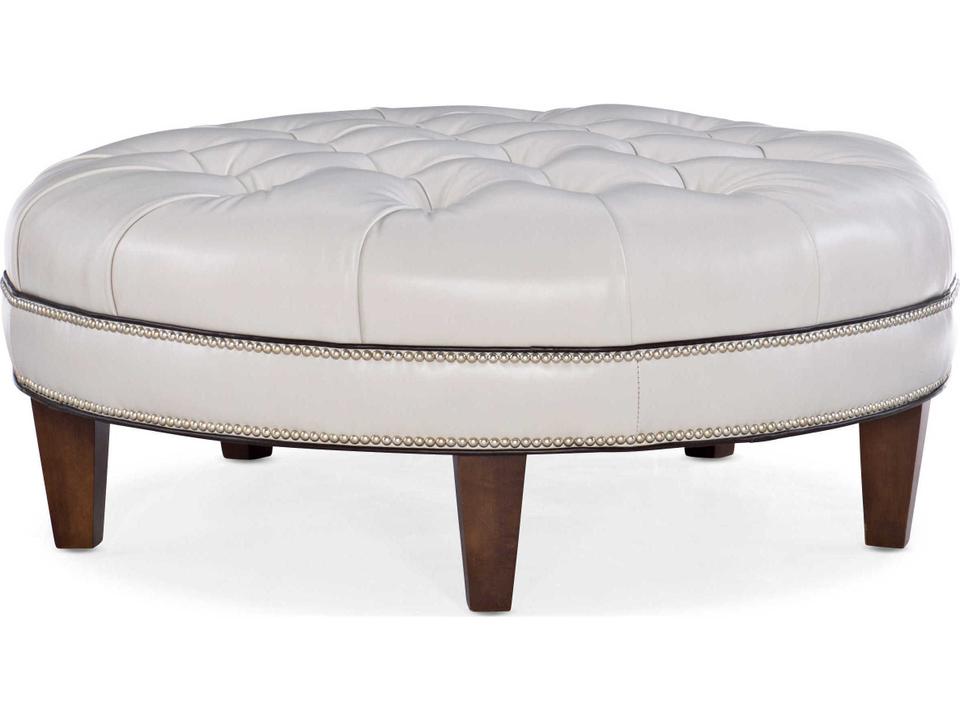 XL Well-Rounded Tufted Leather Ottoman with Nailhead Trim