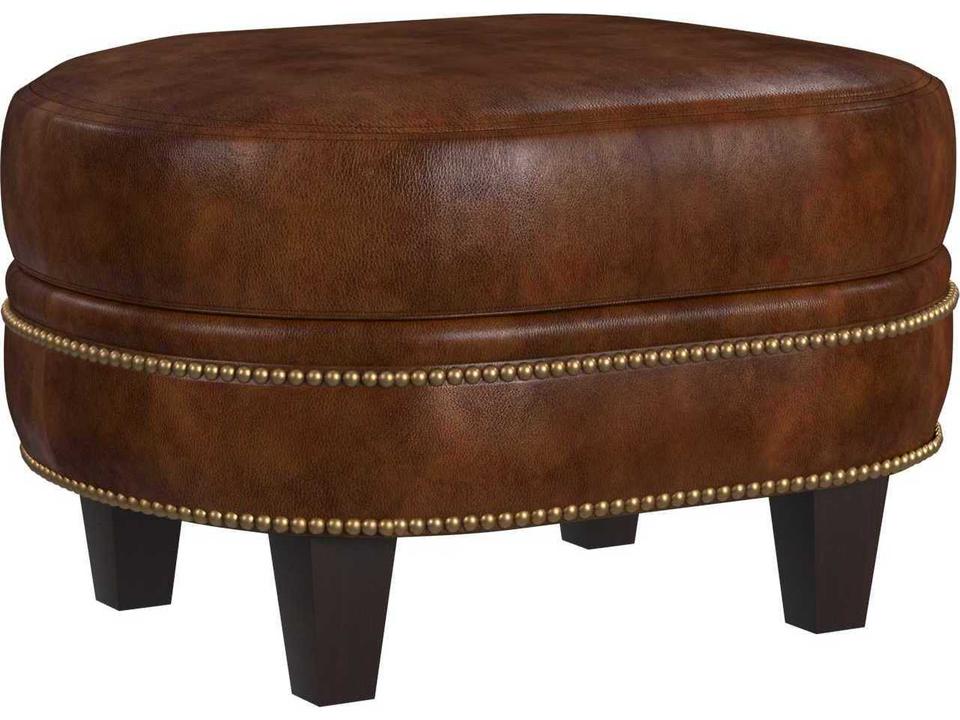 Richardson Oval Leather Ottoman in Cognac with Natural Brass Nailhead Trim