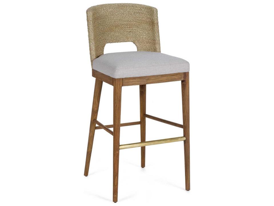 Amalfi Teak Wood and Seagrass Counter Stool in Praline with Crypton Fabric