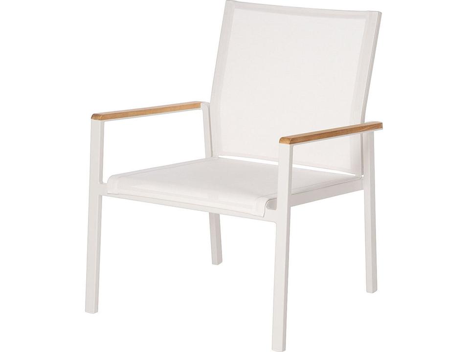 Aura Stacking Aluminum Dining Armchair in Arctic White with Pearl Sling and Teak Arm Accents