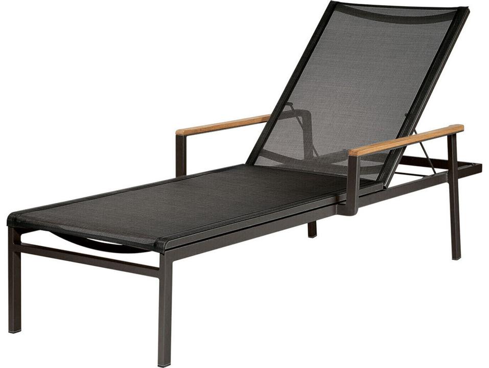 Aura Aluminum Sling Chaise Lounge in Graphite with Teak Armrests and Charcoal Sling
