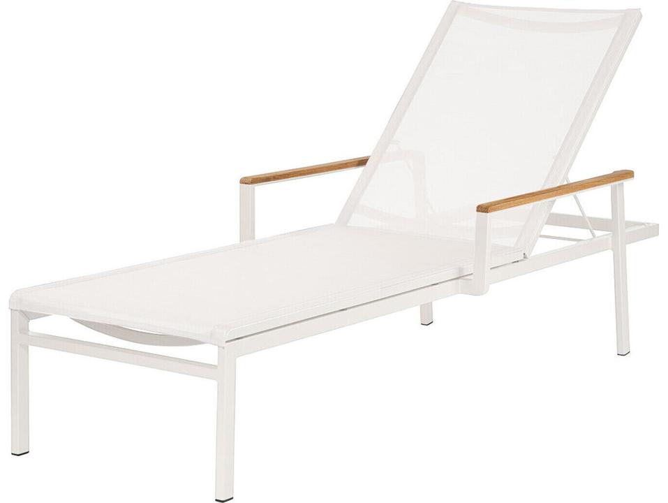 Aura Aluminum Sling Chaise Lounge in Arctic White with Pearl Sling and Teak Armrests