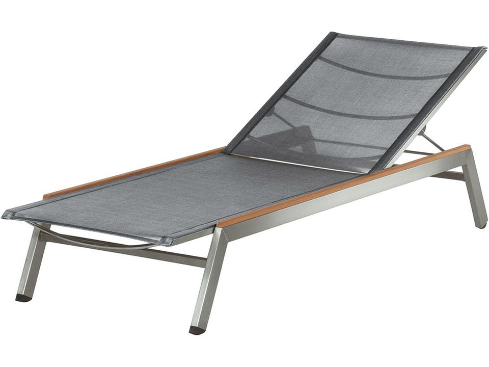 Equinox Outdoor Chaise Lounge in Platinum Textilene with Silver Stainless Steel Frame and Teak Arms