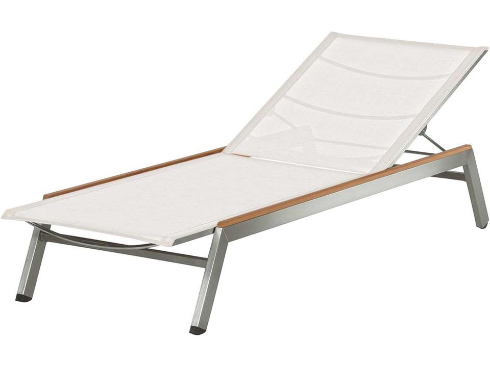 Equinox Chaise Lounge with Pearl Textilene Sling Silver Frame and Natural Teak Arms