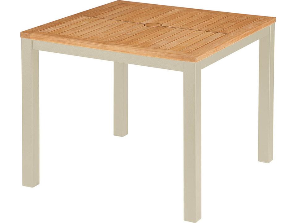 Aura Square Dining Table in Champagne Aluminum with Natural Teak