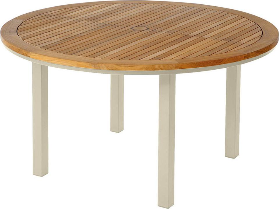 Aura 55-Inch Round Dining Table with Champagne Aluminum and Natural Teak