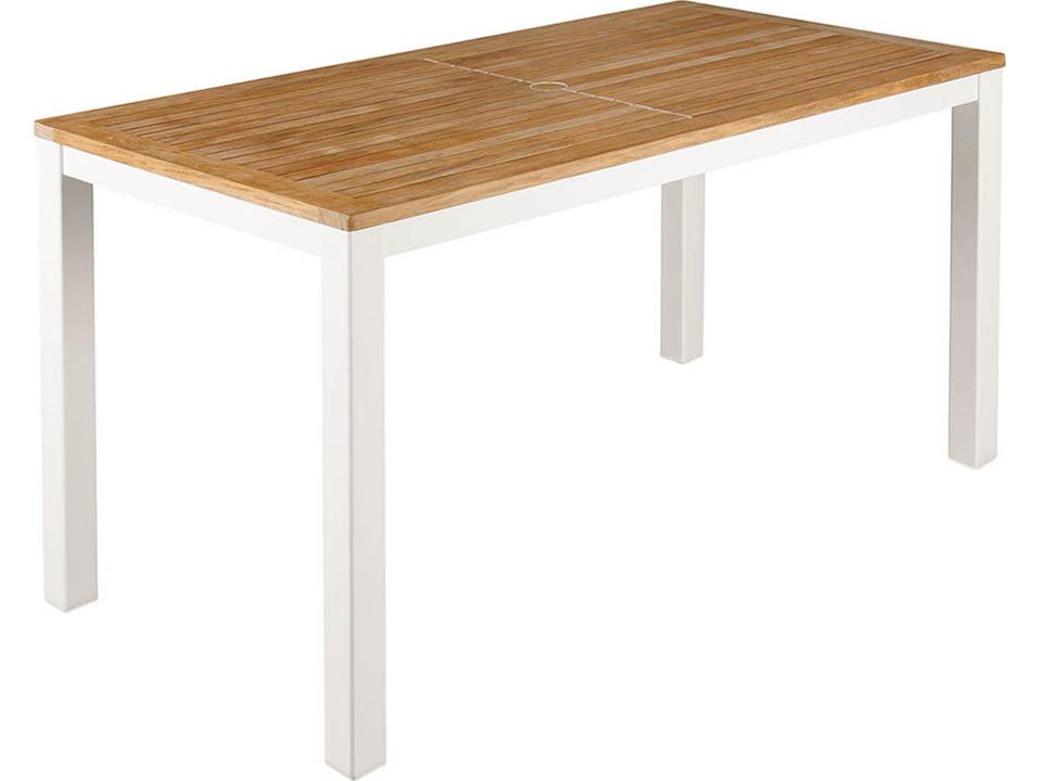 Aura Narrow Dining Table Arctic White Aluminum with Natural Teak Top