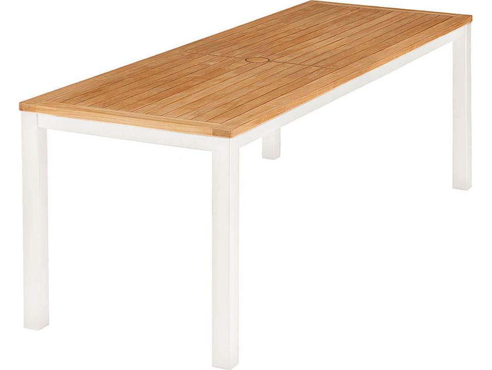 Aura Narrow 79-Inch Dining Table with Natural Teak Top in Arctic White