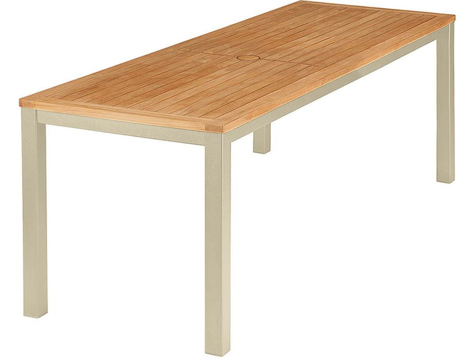 Aura Narrow 79-Inch Dining Table with Natural Teak Top in Champagne