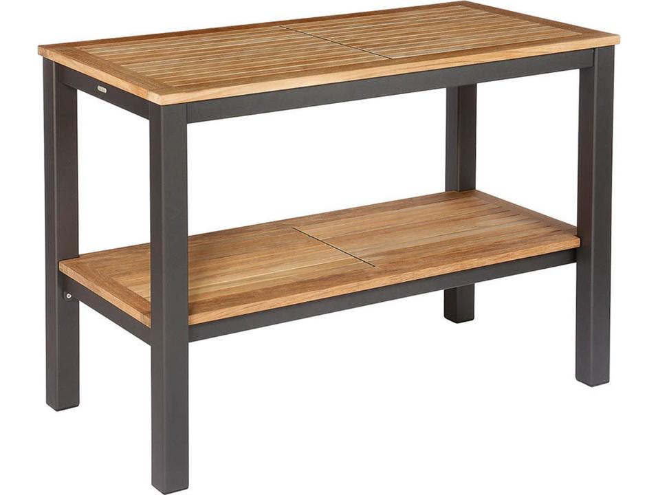 Aura Outdoor Serving Table with Natural Teak Top and Graphite Powder-Coated Aluminum Frame