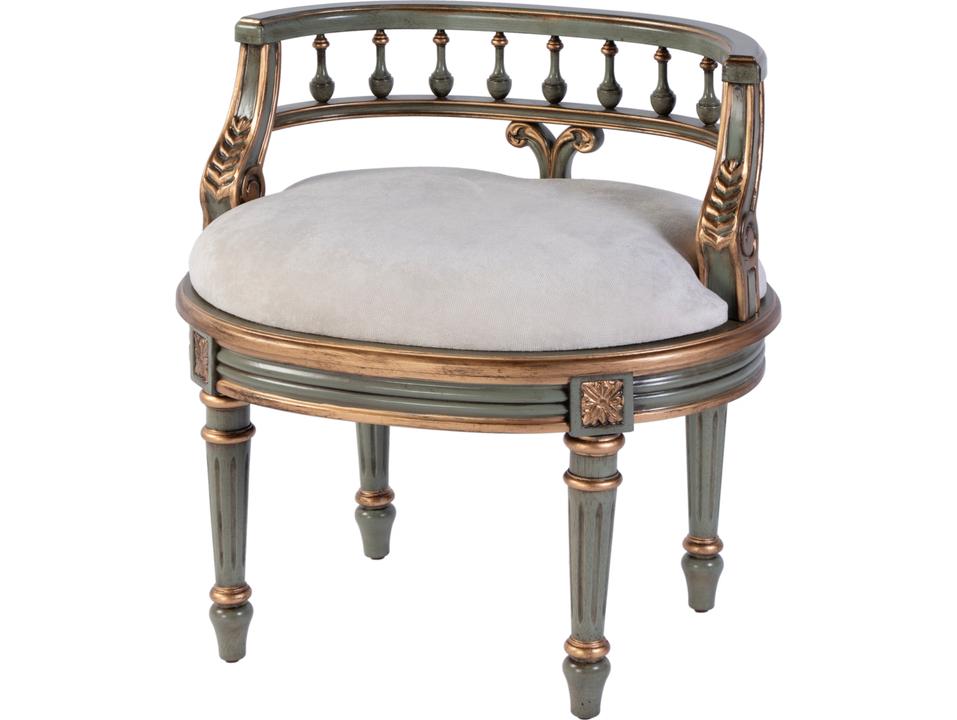 Specialty Hathaway Oval Vanity Seat in Distressed Green Wood and Ivory Fabric