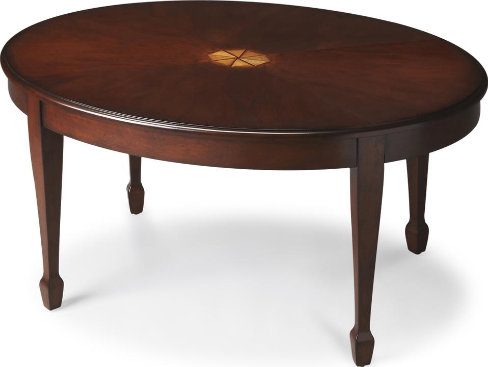 Clayton Oval Coffee Table with Maple Veneer Inlay in Plantation Cherry