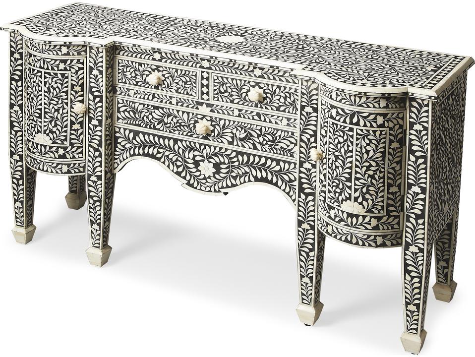 Vivienne Rectangular Bone Inlay Buffet in Black with Three Drawers