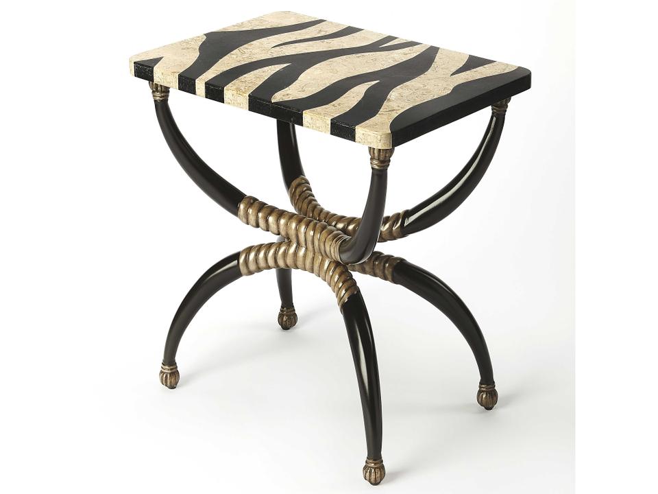 Burundi Rectangle End Table with Zebra Pattern Fossil Stone Top Antique Brass Accents